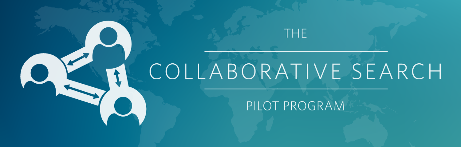 Logo for the Collaborative Search Program Pilot on a thin blue banner with the world map faded in the background.