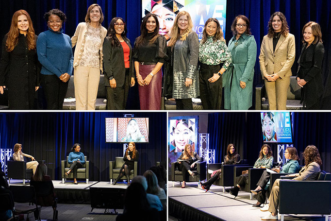 Photo collage of women from WE event posing together and exchanging ideas during a panel