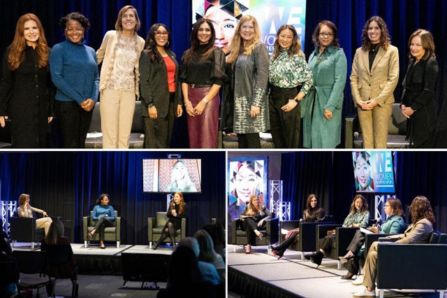 Collage of photos from a Women's Entrepreneurship event featuring a diverse group of women on stage, engaged in a panel discussion, and a group portrait