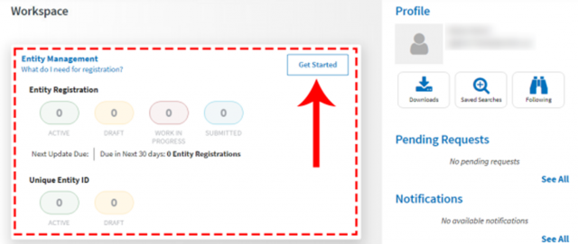 Screenshot from SAM.gov displaying Entity Registration status and entity profile settings.