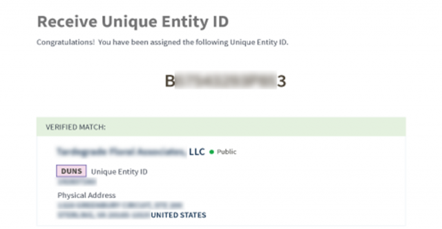 Screenshot from SAM.gov displaying the successful creation/assignment of an Unique Entity ID (UEI).