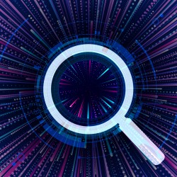 Magnifying glass on a purple, black, and blue background.