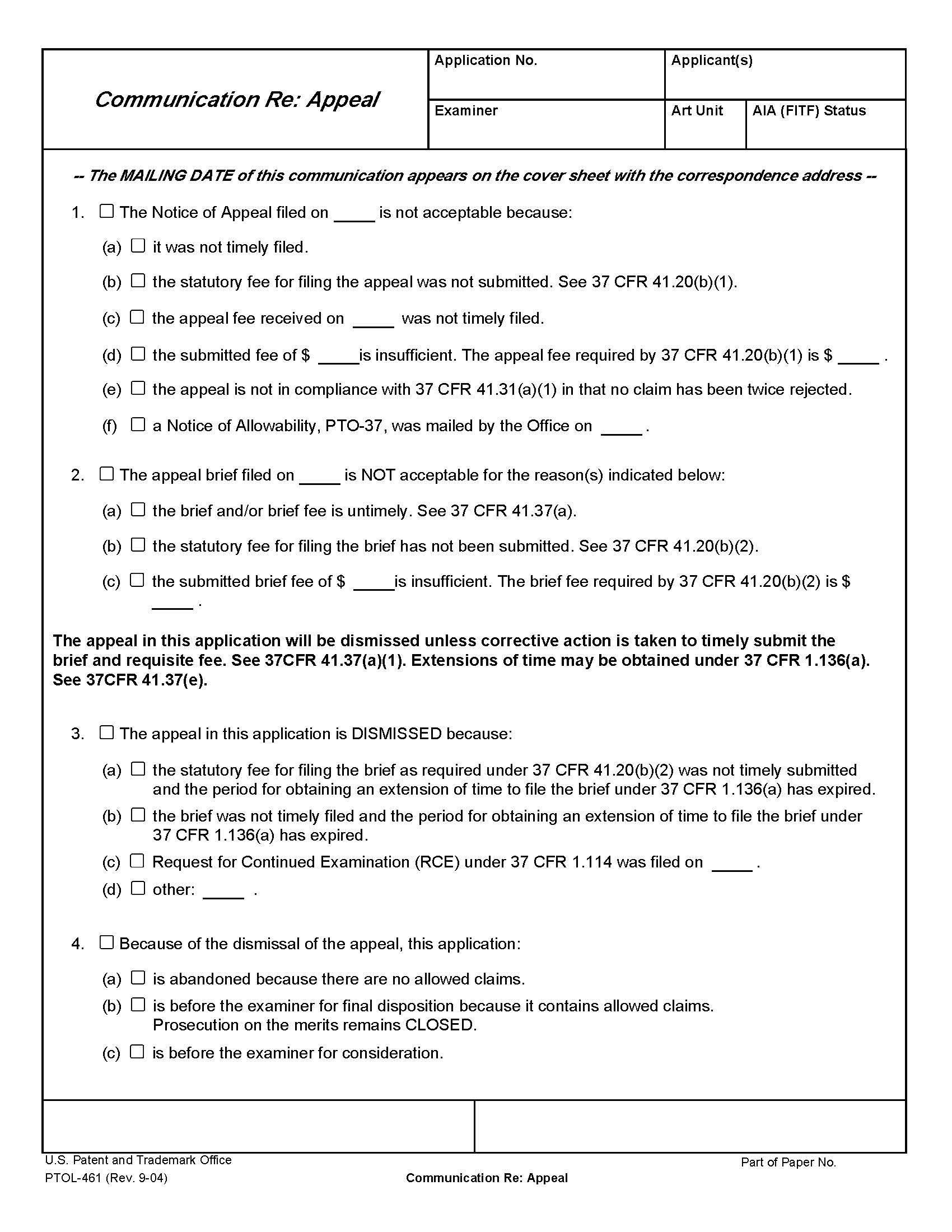 Communication Re: Appeal Form PTOL-461