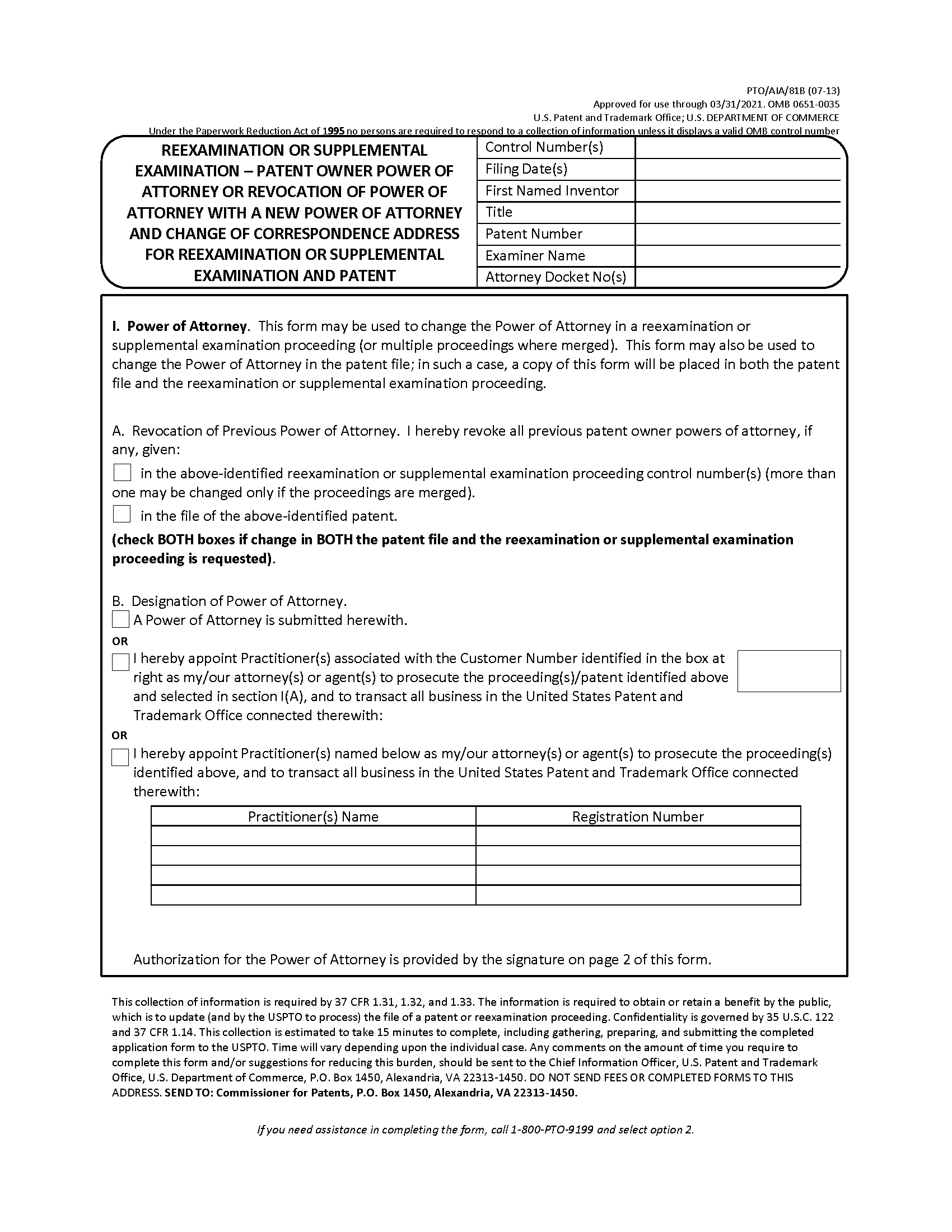 PTO/AIA/81B. Reexamination or Supplemental Examination - Patent Owner Power of Attorney or Revocation of Power of Attorney with a New Power of Attorney and Change of Correspondence Address (Page 1 of 2)