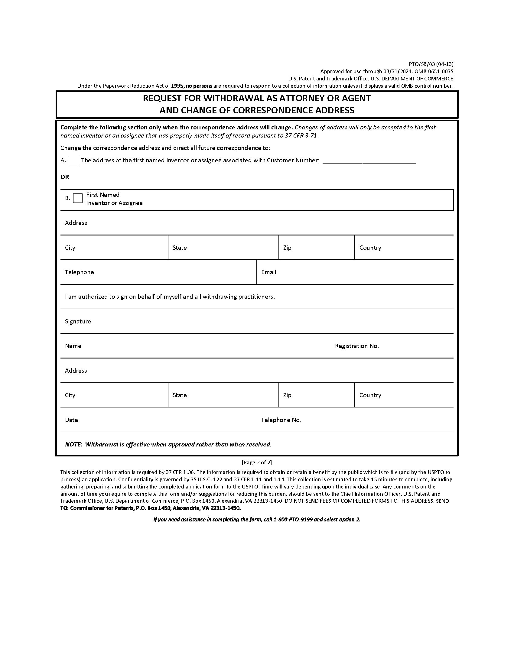 PTO/SB/83. Request for Withdrawal as Attorney or Agent and Change of Correspondence Address (Page 2 of 2)