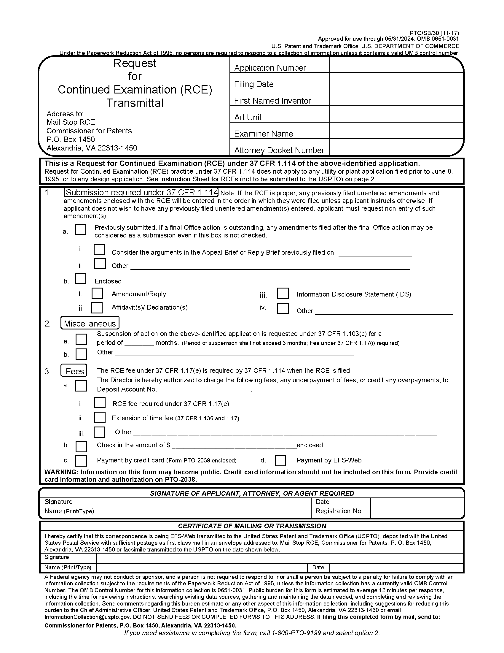 Form PTO/SB/30. Request for Continued Examination (RCE) Transmittal