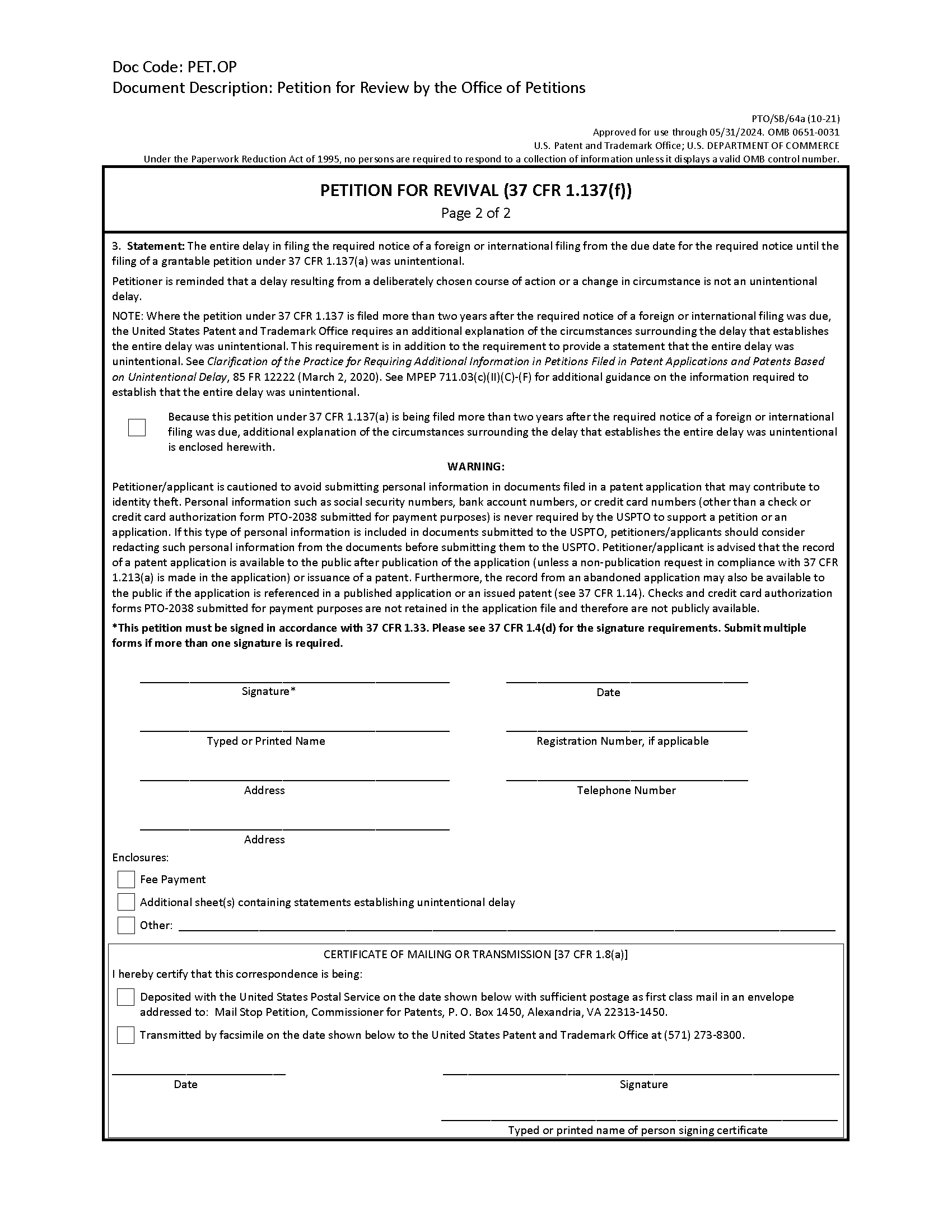 Form PTO/SB/64a Petition for Revival of an Application for Patent Abandoned for Failure To Notify the Office of a Foreign or International Filing (37 CFR 1.137(f)). [Page 2 of 2]