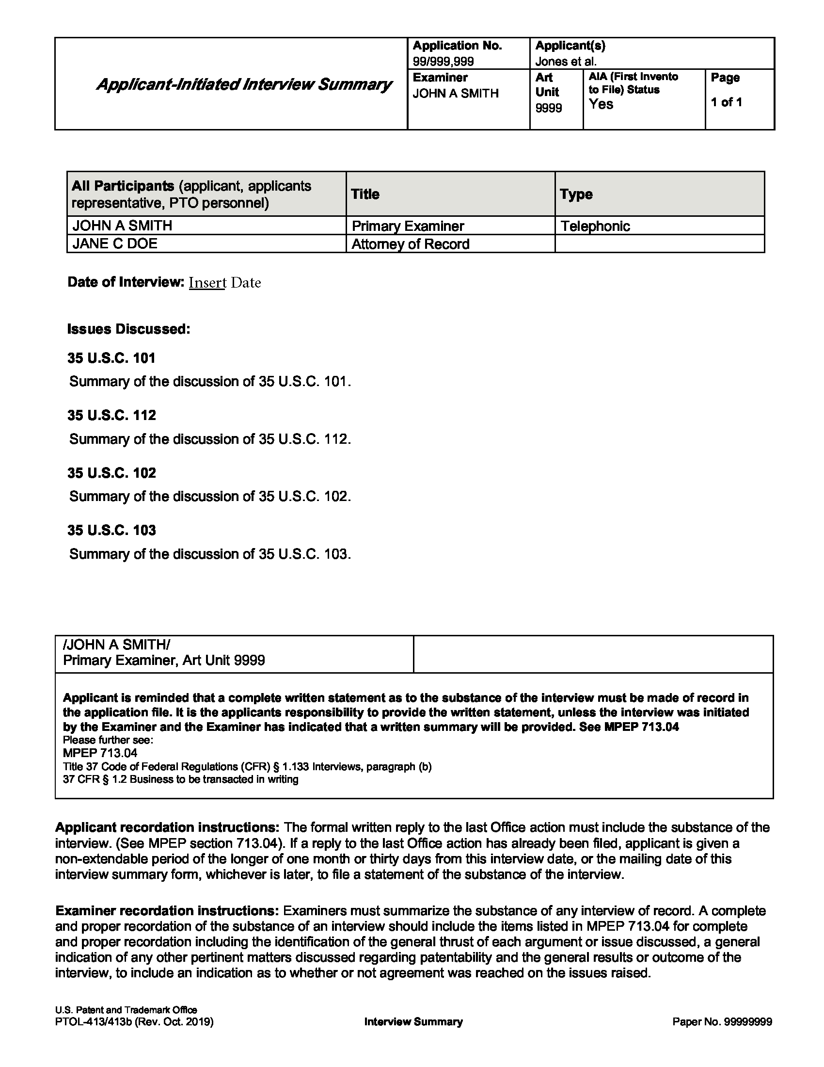 Sample PTOL-413/413b Applicant-Initiated