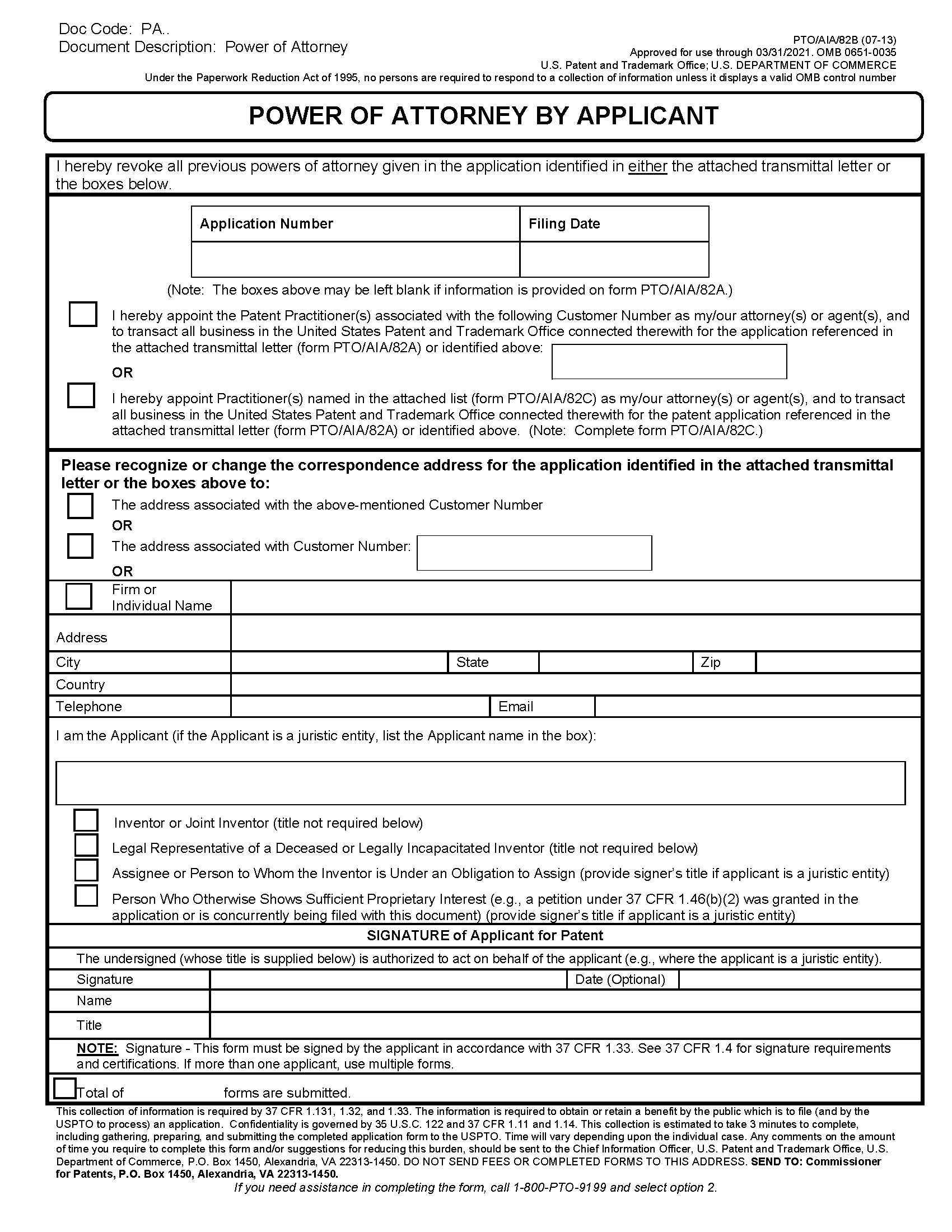 Power of Attorney form PTO/AIA/82B